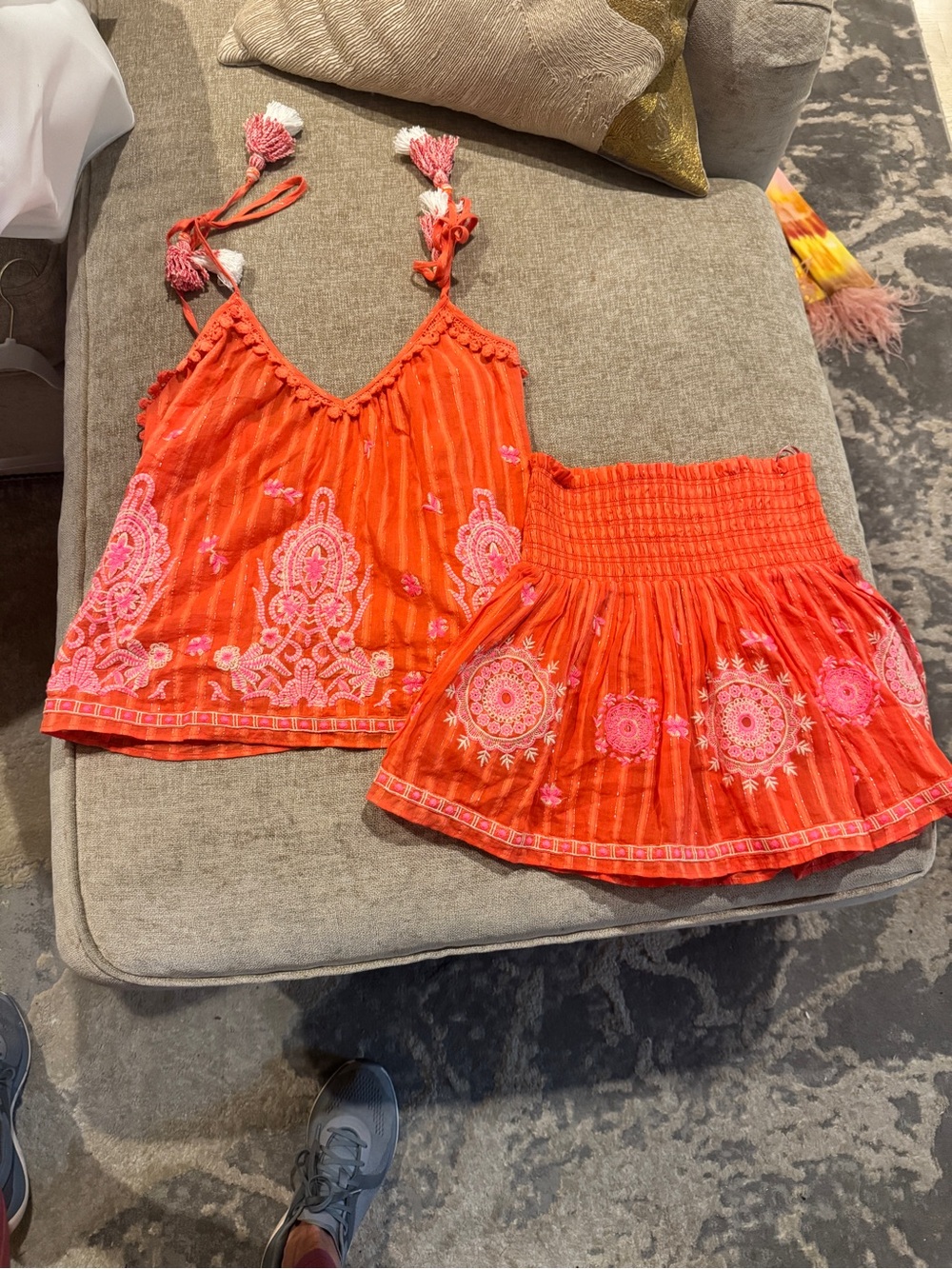 Ramy Brook Coral Embroidered Two-Piece Tank and Skirt Set